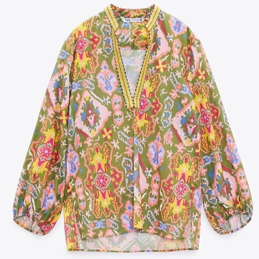 Zara Printed Blouse Khaki Pink 8159/046 Mandarin Collar Split Neck Boho Medium
